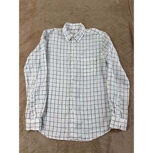 Uniqlo Premium Linen Shirt Mens M White Blue Windowpane Plaid Long sleeve EUC